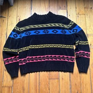 Women's Vintage  Black Sweater with Blue, Yellow, and Pink Patterns